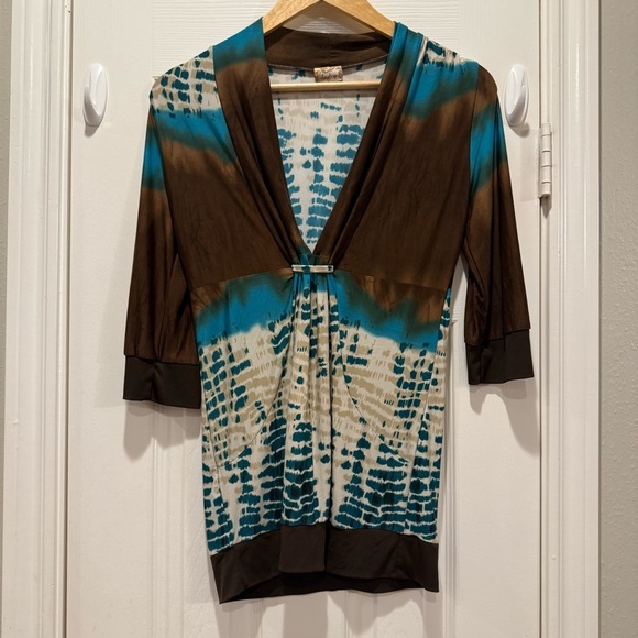 Vintage Y2K Top Women’s Large Babydoll V Neck Boho Western Brown Teal Made USA - Picture 2 of 9